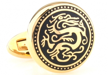Golden black dragon circle cufflinks - Click Image to Close