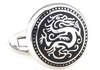 Silver black dragon circle cufflinks - Click Image to Close