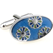 Three flower heads in blue oval cufflinks - Click Image to Close