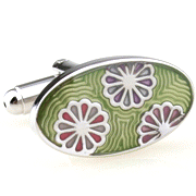 Three flower heads in green oval cufflinks - Click Image to Close